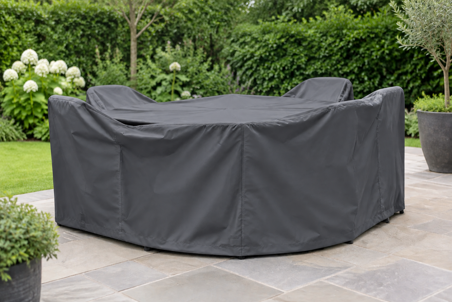 Grijze beschermhoes
over een ronde tuinset met
stoelen op een terras