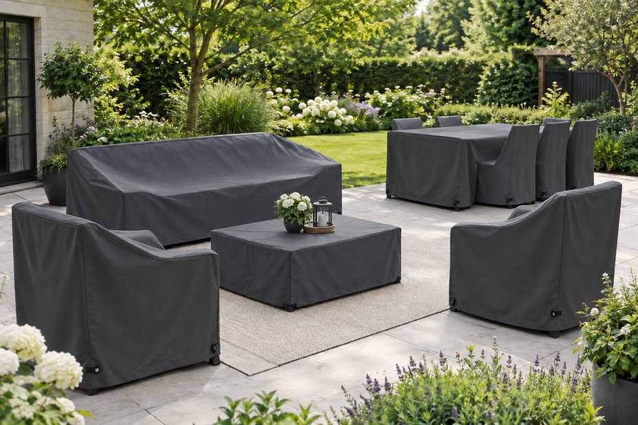Grijze beschermhoezen
over een loungebank,
loungestoelen, tafel en
tuinset op een terras